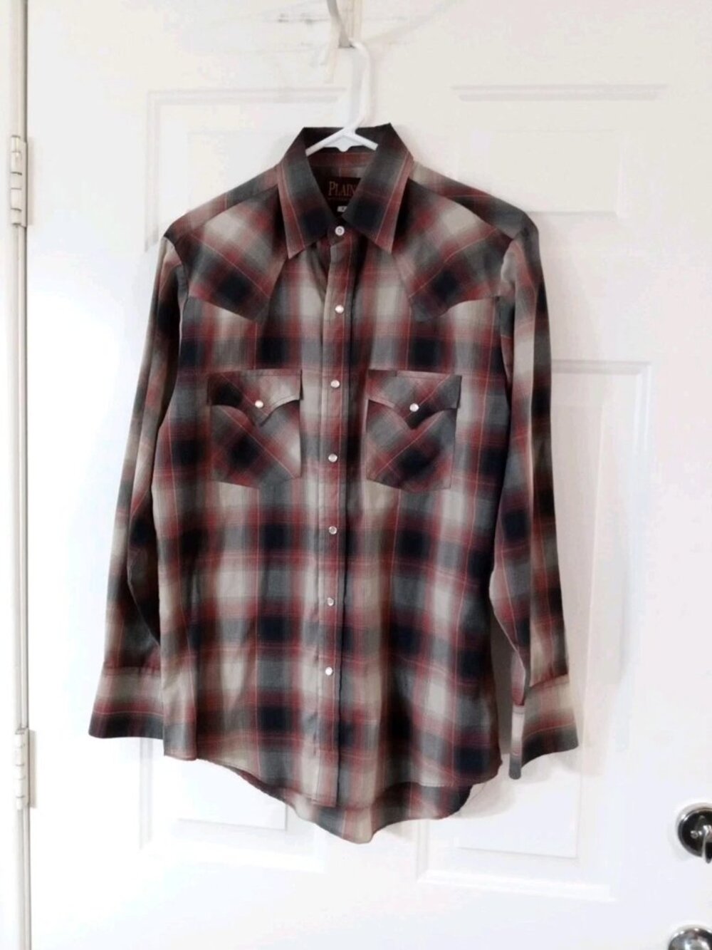 Plains Western Wear Pearl Snaps Red Gray Plaid Long Sleeve Shirt Men's Small